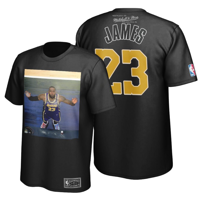 Men's Los Angeles Lakers LeBron James #23 NBA Blow Powder Pre-game Hardwood Classics Black Basketball T-Shirt BKC6883IW